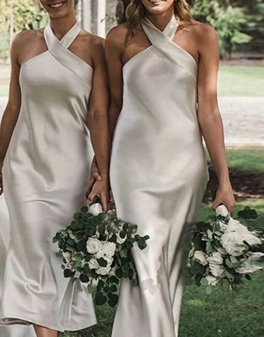 Simple Ivory Sheath Halter Neckline Tea Length Bridesmaid Dress Wedding Guest Party Dresses