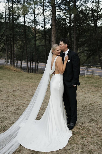 Fashion Mermaid Cowl Neck Silk Satin Wedding Dress with Train