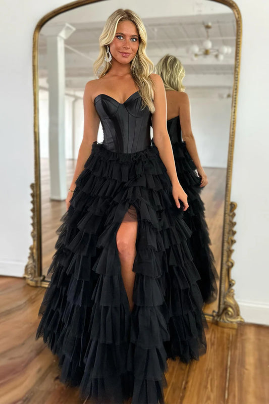 Black A-Line Sweetheart Tiered Tulle Long Prom Dress with Slit