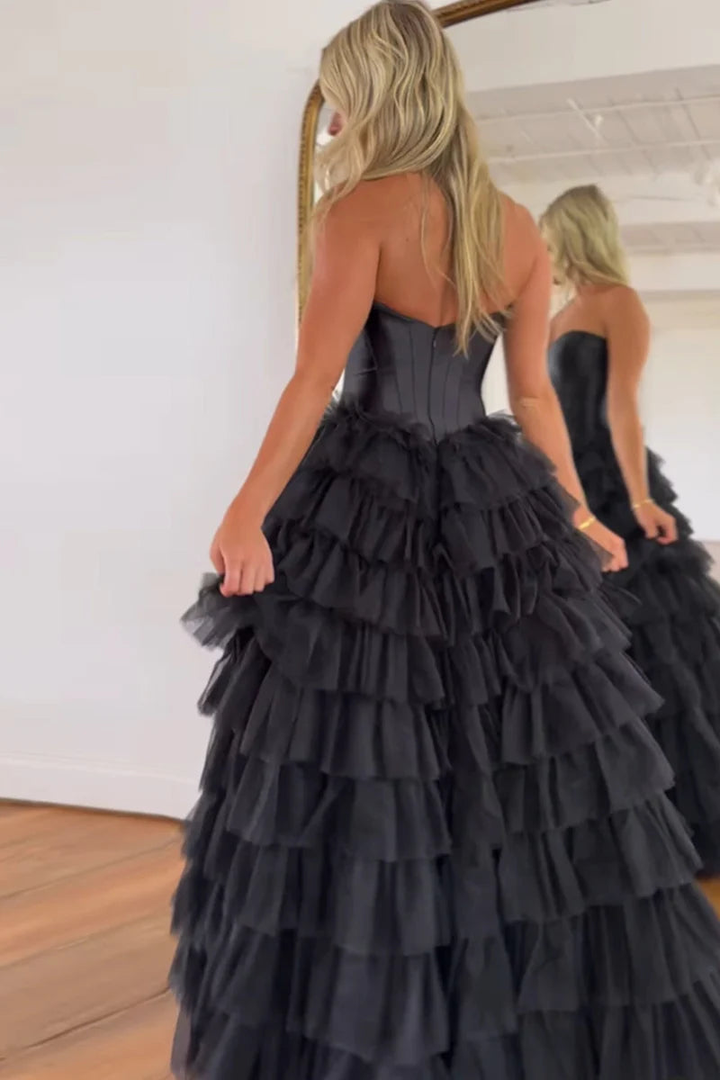 Black A-Line Sweetheart Tiered Tulle Long Prom Dress with Slit