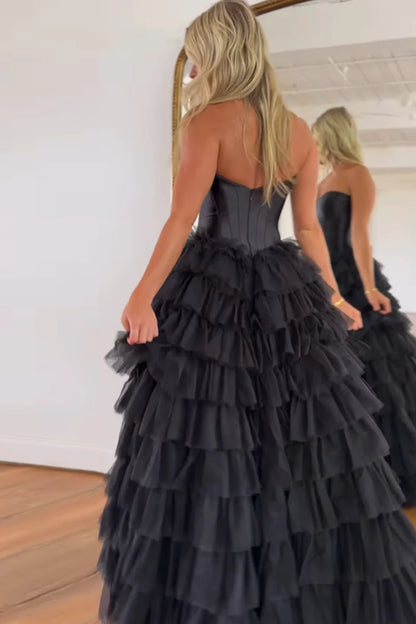 Black A-Line Sweetheart Tiered Tulle Long Prom Dress with Slit
