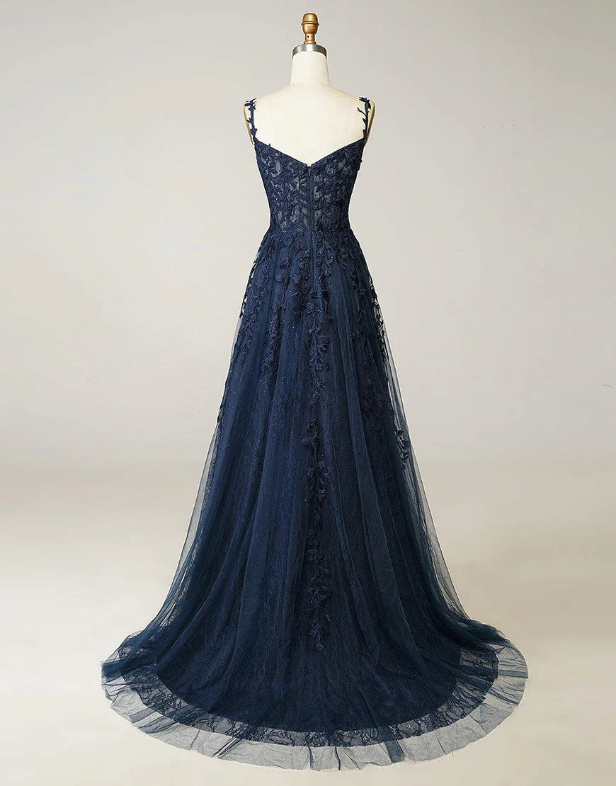 A-line Long Tulle Appliques Prom Dress With Slit