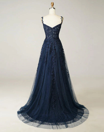 A-line Long Tulle Appliques Prom Dress With Slit
