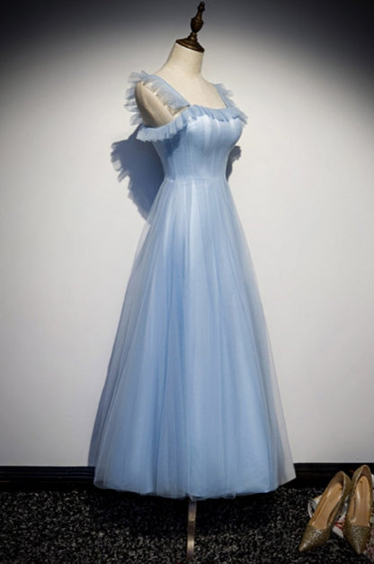 Blue Cute A-Line Tulle Tea Length Bridesmaid Dress Wedding Guest Party Dress