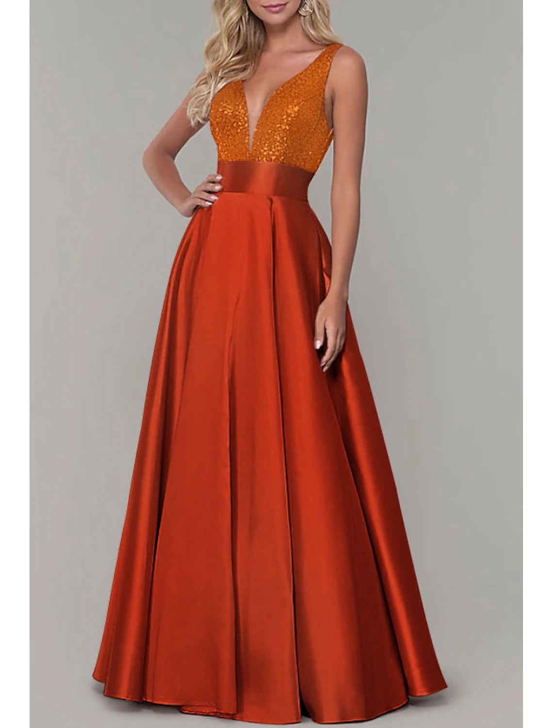 A-Line Prom Dresses Sparkle Evening Floor Length Sleeveless V Neck Satin with Pleats Sequin
