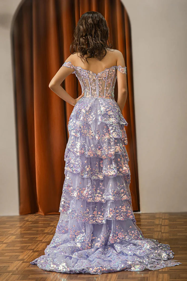 Off Shoulder Sheer Corset Bodice Ruffle Slit Prom Dress