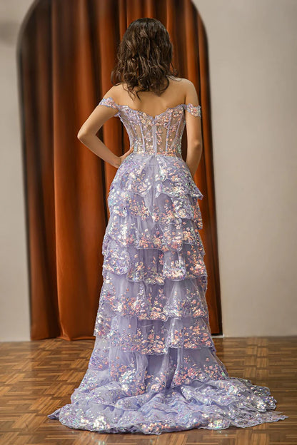 Off Shoulder Sheer Corset Bodice Ruffle Slit Prom Dress