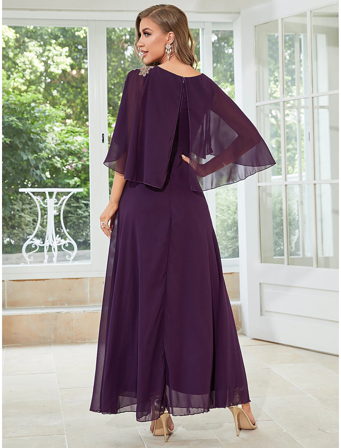 A-Line Wedding Guest Dresses Floor Length Half Sleeve Jewel Neck Chiffon with Ruffles