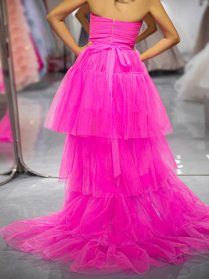 Pink Tiered Long High Low Tulle Strapless Prom Dress