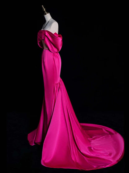 Simple Off Shoulder Mermaid Satin Formal Rose Red Long Prom Dress