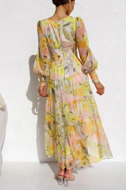 A-Line Wedding Guest Dresses Floral Dress Long Sleeve V Neck Polyester with Floral Print