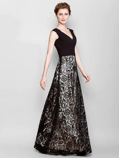 Mother of the Bride Dress Vintage Inspired V Neck Floor Length Lace Georgette Sleeveless with Criss Cross