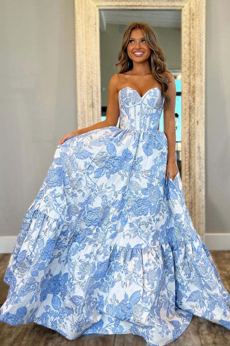 Cute A Line Sweetheart Light Blue Jacquard Satin Prom Dress