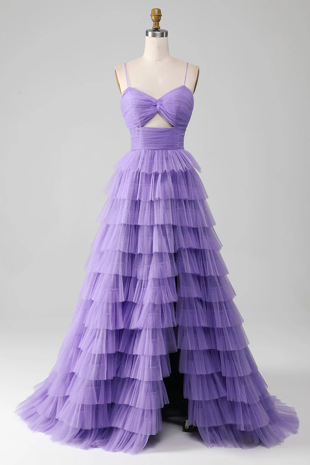 A-Line Princess Purple Tulle Tiered Long Prom Dress with Slit Court Train Dresses