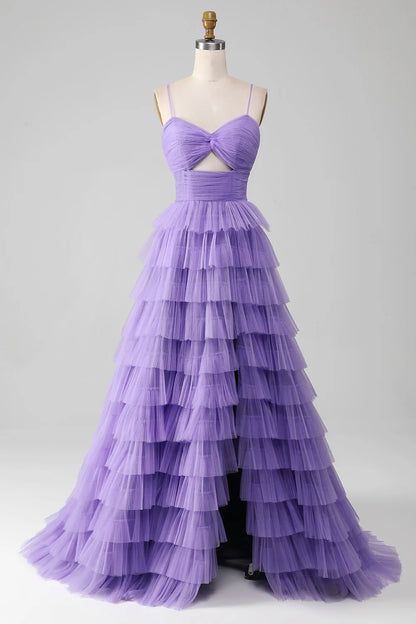 A-Line Princess Purple Tulle Tiered Long Prom Dress with Slit Court Train Dresses