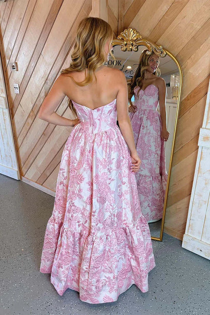 Strapless Floral Corset A-Line Long Prom Dress with Ruffle Hem