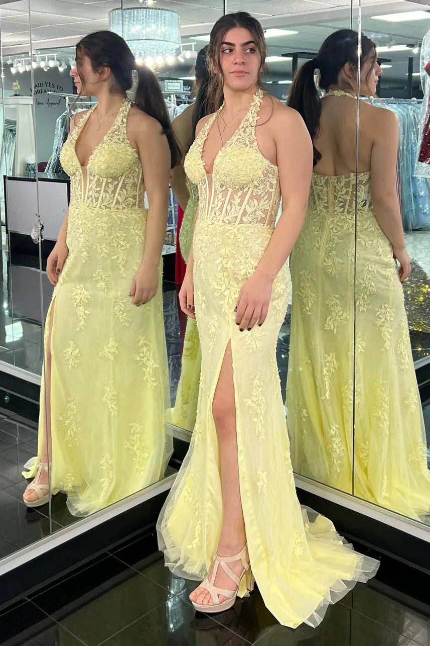 Mermaid Corset Hot Pink Halter Tulle Appliques Long Prom Dress with Slit