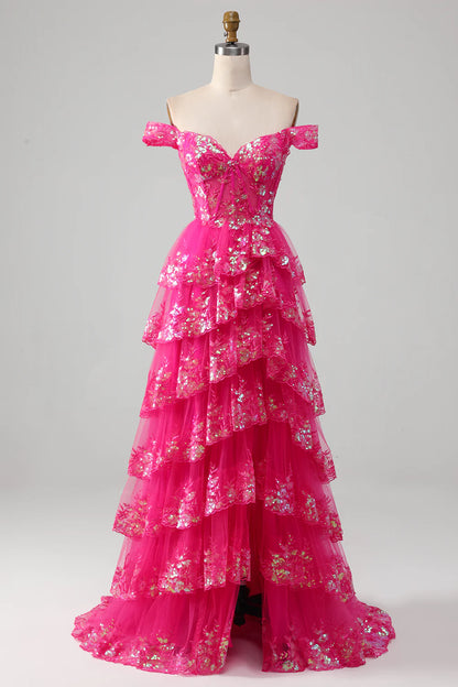 A-Line Off The Shoulder Prom Dress with Sequins Court Train Dresses