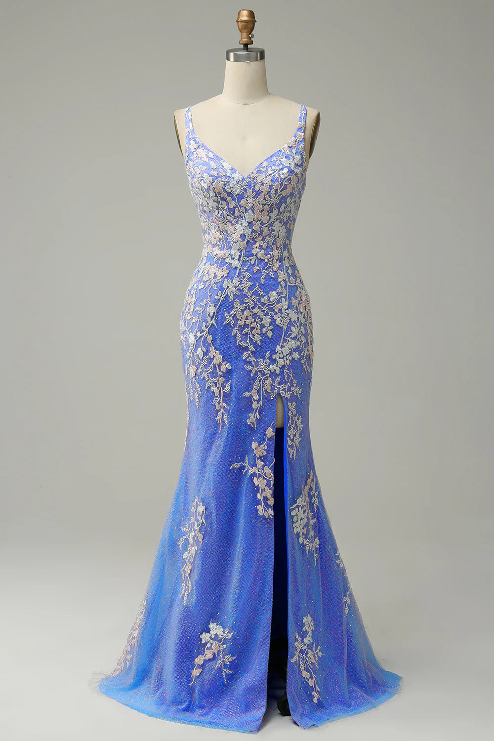 Mermaid V Neck Floor-length Prom Dress Appliques Beading With Slit