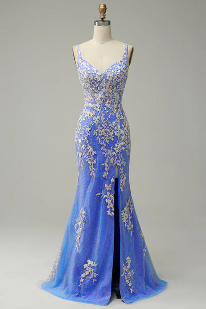 Mermaid V Neck Floor-length Prom Dress Appliques Beading With Slit