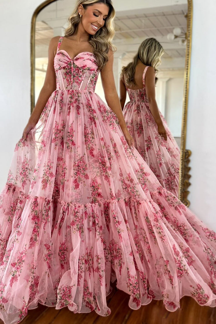 Fairy A Line Sweetheart Floral Printed Chiffon Long Prom Dress