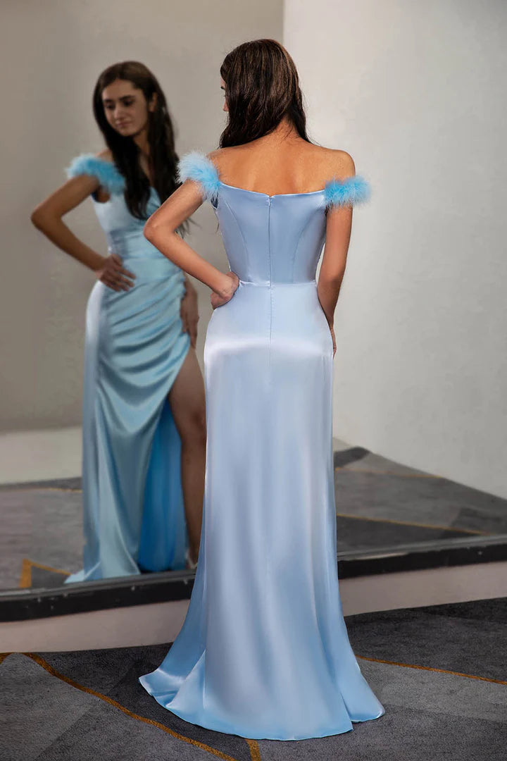 Light Blue Slit Off Shoulder Floor-length Satin Prom Dress with Feathers
