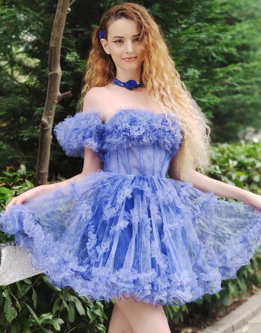 Blue A Line Off the Shoulder Tulle Corset Homecoming Dress
