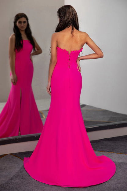Fuchsia Fitted Strapless Ruffle Prom Dress With Slit Sweep/Brush Train Dresses