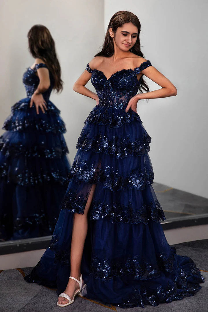 A-Line Princess Ruffle Tiered Long/Floor-length Off Shoulder Prom Dress with Sequin