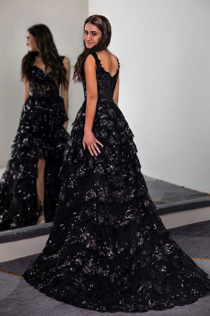 A-Line Princess Ruffle Tiered Long/Floor-length Off Shoulder Prom Dress with Sequin