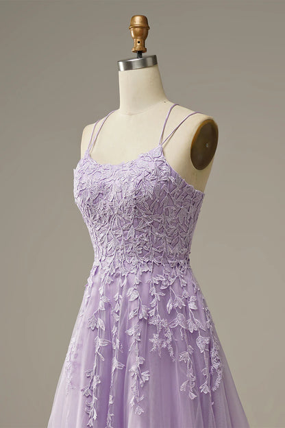A-Line Purple Backless Tulle Spaghetti Straps Long Prom Dress