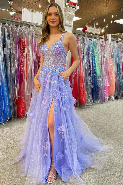 Lavender V-Neck Sequined Appliques Long Prom Dress With Slit