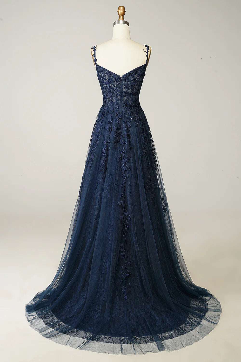 A Line Spaghetti Straps Navy Lace Prom Dress with Appliques Court Train Dresses