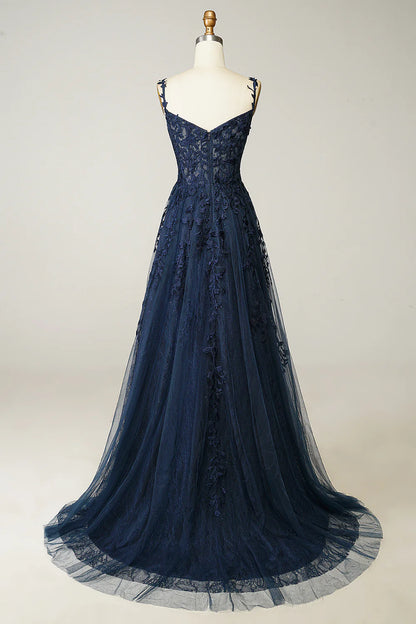 A Line Spaghetti Straps Navy Lace Prom Dress with Appliques Court Train Dresses