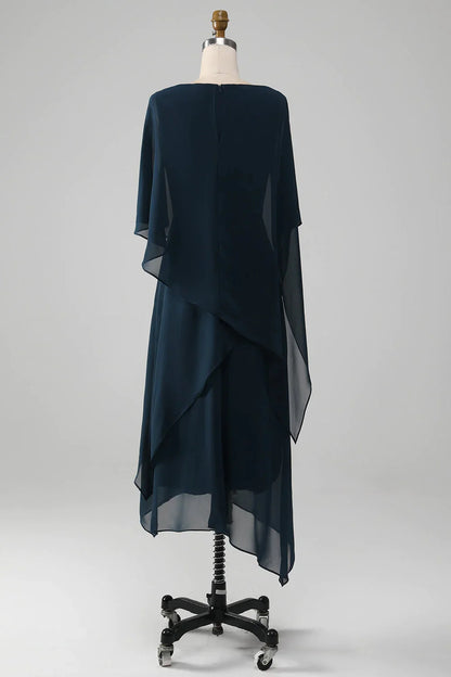 A-line Navy Chiffon Scoop Neckline Mother of the Bride Dress