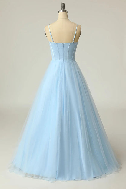 A-Line Princess Spaghetti Straps Light Purple Long Prom Dress