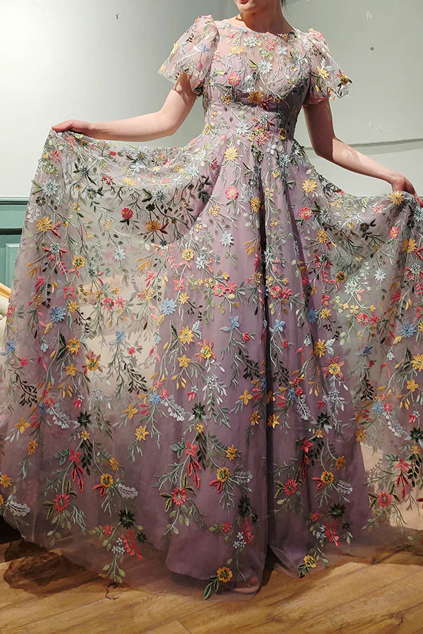 Mauve A-Line Embroidered Long Prom Dress With Appliqued