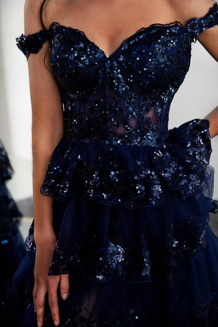 A-Line Princess Ruffle Tiered Long/Floor-length Off Shoulder Prom Dress with Sequin