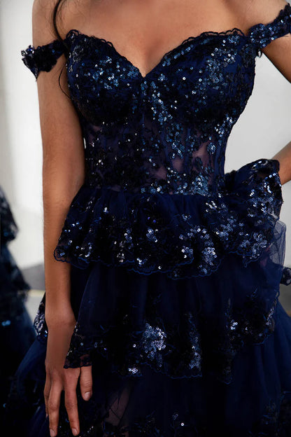 A-Line Princess Ruffle Tiered Long/Floor-length Off Shoulder Prom Dress with Sequin