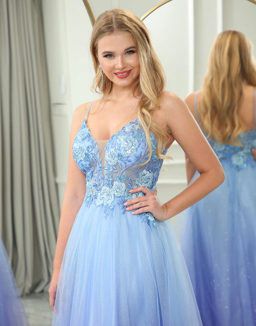 Glitter A Line Princess Tulle Long Prom Dress With Appliques
