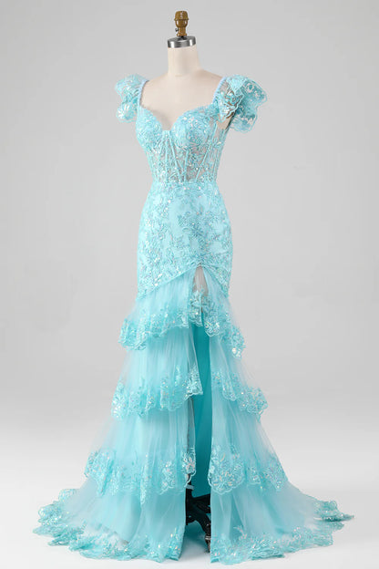 Mermaid Off the Shoulder Lace and Sequin Prom Dress with Slit