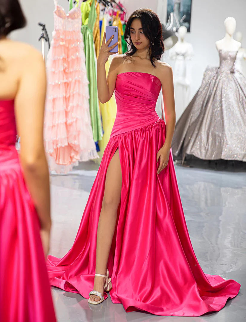 A-Line Strapless Pink High Slit Satin Prom Dress Ballgown Sweep/Brush Train Dresses