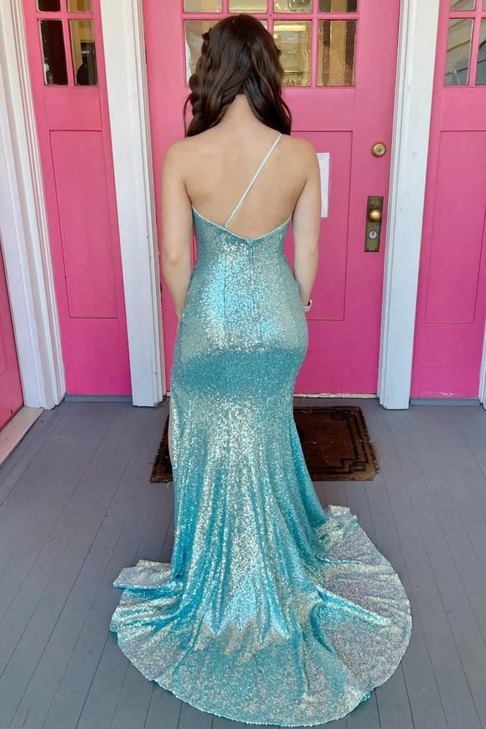 One Shoulder Sequins Mermaid Prom Dress Sweep/Brush Train Dresses with Slit