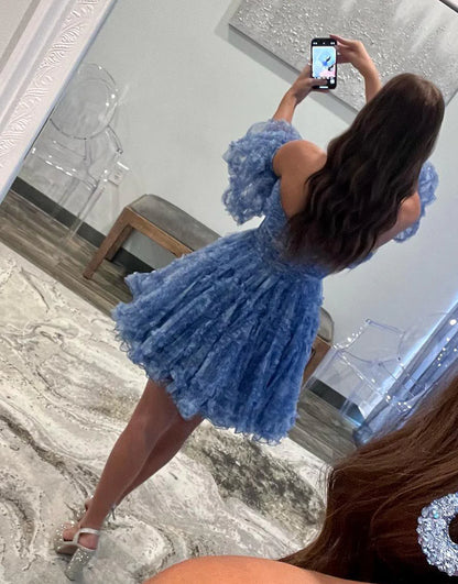 Blue A Line Off the Shoulder Tulle Corset Homecoming Dress