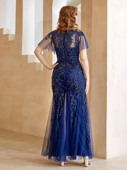 Flutter Sleeves Sweetheart Beaded Sheath Mother of the Bride Dresse with Back Slit Navy Blue