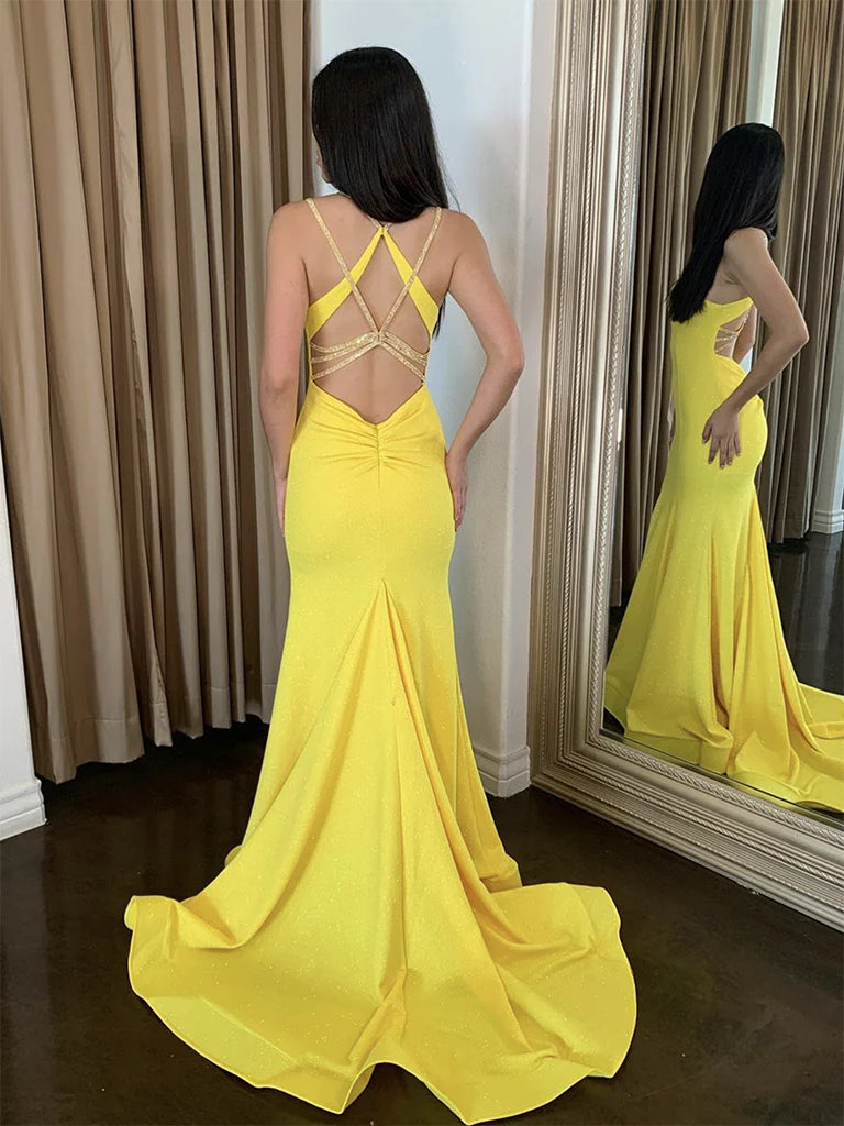 Simple Backless Satin Yellow Long Prom Dress Evening Dress