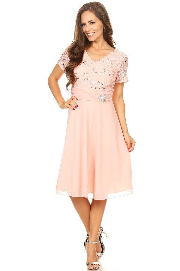 Short Knee Length Dress with Short Sleeve Lace Bodice