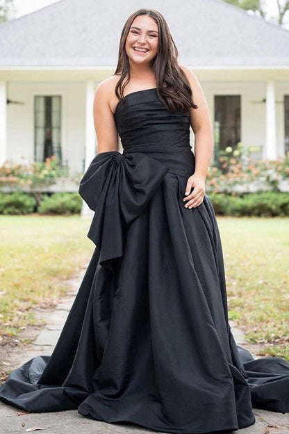 A-Line Strapless Light Blue Satin Long Prom Dress with Bow Court Train Dresses
