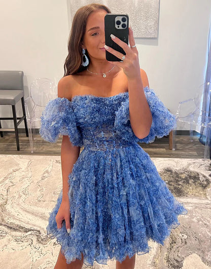 Blue A Line Off the Shoulder Tulle Corset Homecoming Dress