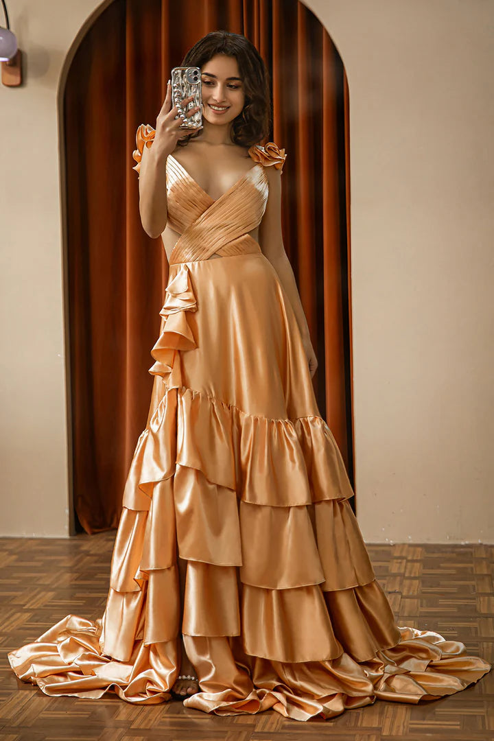 A-Line V-neck Ruffle Tiered Slit Satin Floor-length Prom Dress
